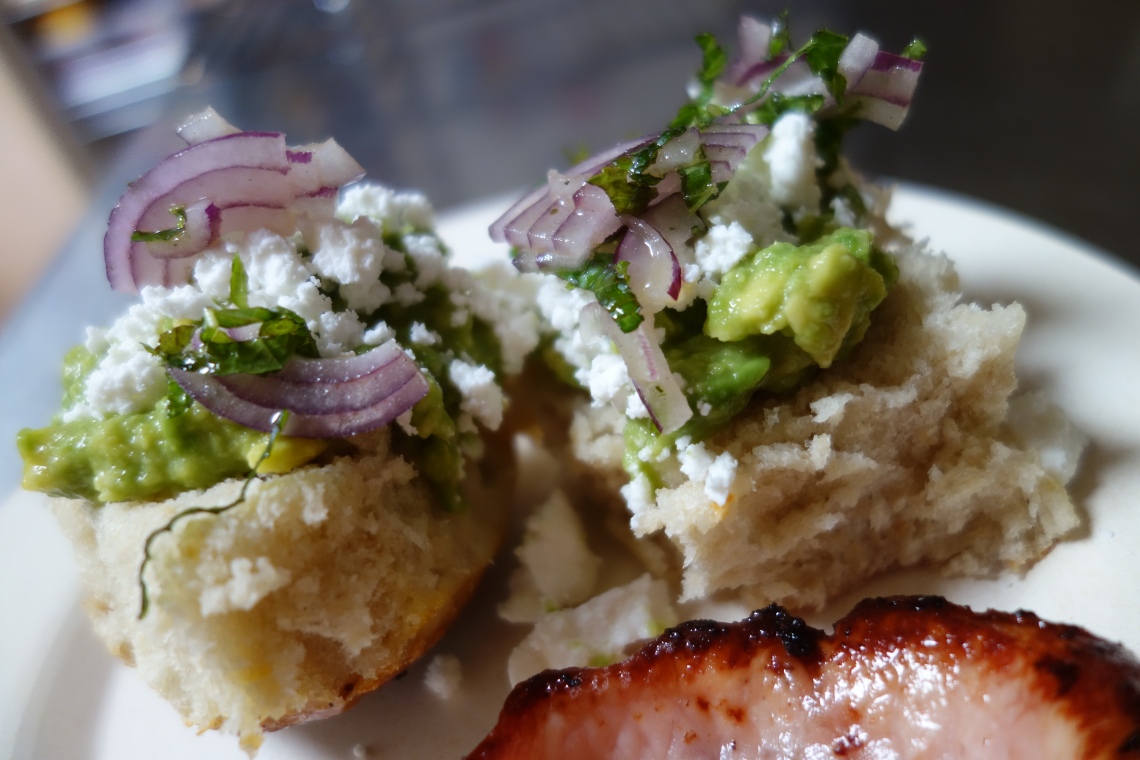 Smashed Avocado on Sourdough Buns with Mint Salsa and Goat Cheese